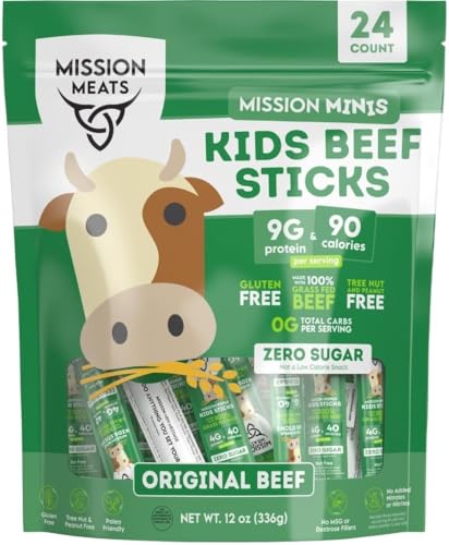 Mission Meats Kids Beef Sticks, 100% Grass Fed, Healthy Snacks for Kids, Zero Sugar, 9g Protein per Serving, Gluten & Nut Free, Individually Wrapped, Mini 0.5oz (24ct Bag)