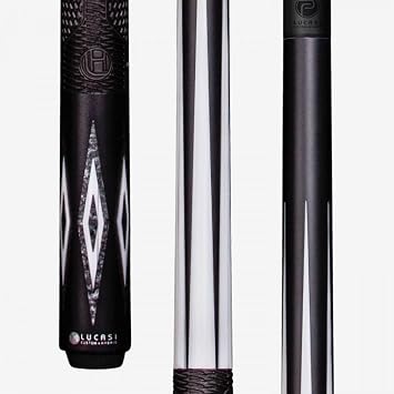 LUCASI LUXP1 Lux Cue, Matte Midnight Black Finish, Imitation Bone/Silver Crush Inlay Points, Pinnacle Carbon Fiber Composite Shaft