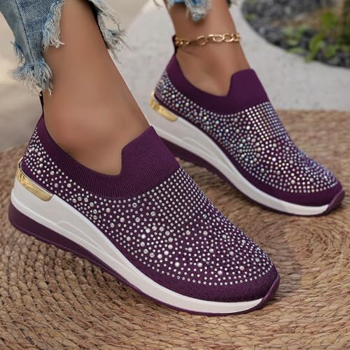 Orange Sneakers Women,Glitter Rhinestone Sneakers for Women,Sparkly Tennis Platform Wedge Shoes,Rhinestone Mesh Slip-On Breathable Bling Tennis Shoes3