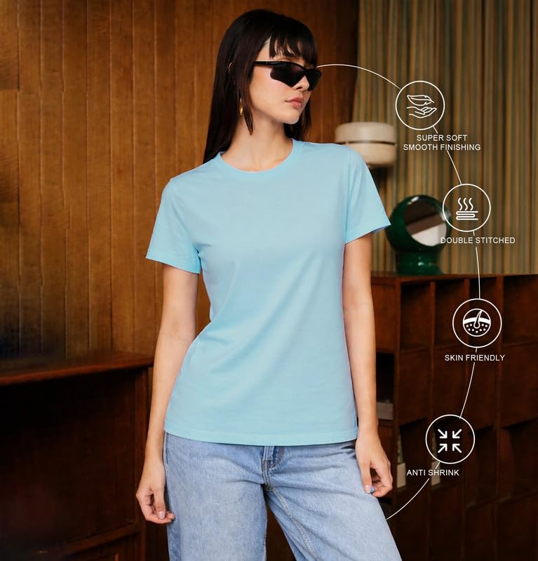 Image of Sleepynuts Women's Plain Round Neck Regular Fit Half Sleeve Cotton T Shirt
