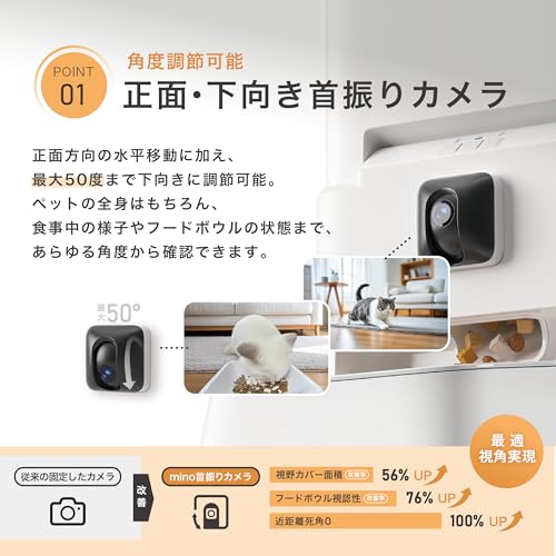 mino 自動給餌器 猫 犬用 首振りカメラ付き 2K 6L大容量 赤外線残量センサー 暗視機能 SDカード録画 停電対策 2WAY給電 詰まり防止 自動餌やり機 APP遠隔操作 の商品画像 3