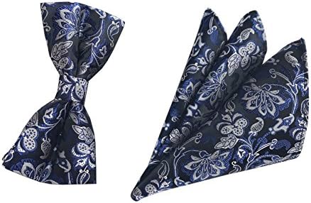 Men Blue Silver Silk Pre-tied Cravat Bows Ties Set Luxury for Birthday Gift 2 PC