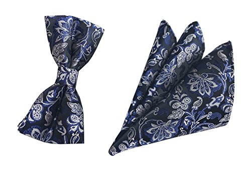Men Blue Silver Silk Pre-Tied Cravat Bows Ties Set Luxury For Birthday Gift 2 Pc #TOP10