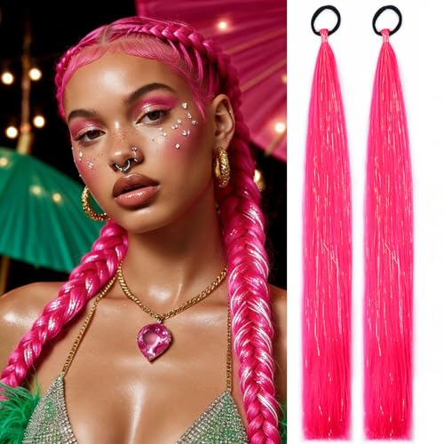 ADIASAI 2 Packs Hot Pink Ponytail Extensions for Kids Girls Women 26 Inch Mixed Tinsel with Elastic Tie Straight Braid Ponytail Synthetic Colored Hair Extensions for Party Festival Crazy Hair Day