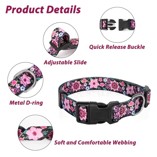Image of HEELE Dog Collar, Adjustable Soft Dog Collar for Small Medium Large Dogs,Floral Patterned Puppy Collars with Quick Release Buckle Galsang Black S Length 9.84''-14.96'