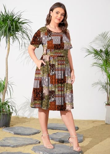 Image of POSESHE Womens Plus Size Summer Dress 2026 Casual Short Sleeve Empire Waist Loose Fit Swing T-Shirt Dress with Pockets