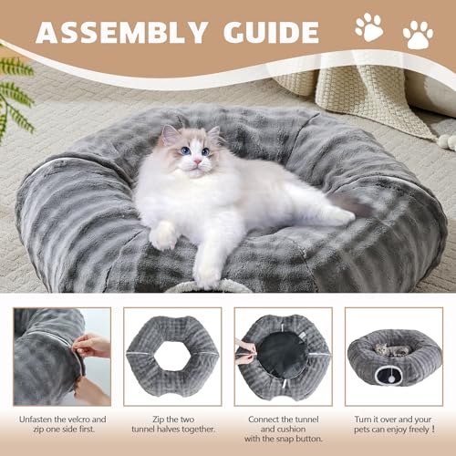 Image of Bubble Cat Tunnel for Indoor Cats, Round Peekaboo Cave Toy with Dangling Balls, Donut Tunnel Bed with Circle Mat for Puppy Kitten Rabbit, Grey