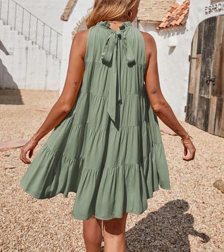 Okiwam Womens Summer Halter Dresses Sleeveless A Line Tiered Swing Mini 2025 Fall Casual Boho Beach Vacation Sundress