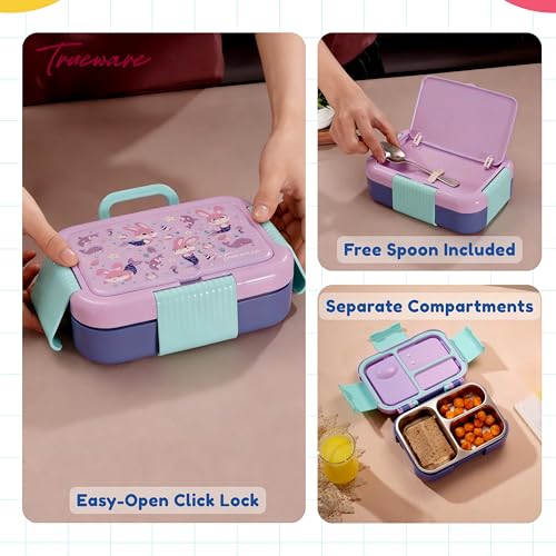 Image of Trueware Galaxy 3 304 Stainless Steel PU Insulated Lunch Box with Three Compartment BPA Free, Food Grade Ideal for School, Picnic, Office & Outdoor - 520ml