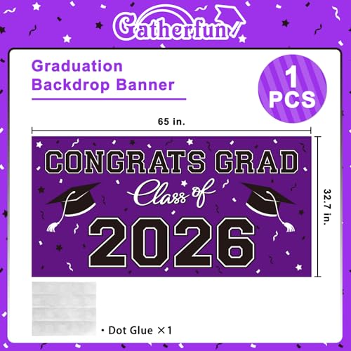 Image of 2026 Graduation Party Plastic Backdrop - 65 inch x 32.7 inch Congrats Grad Banner in Purple, Large Class of 2026 Decorations, Photography & Grad Party Supplies