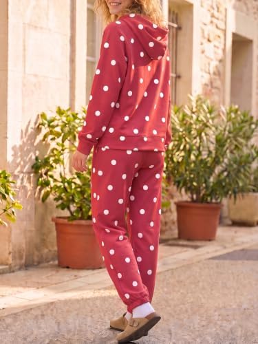 Fisoew Womens Polka Dot 2 Piece Sets Long Sleeve Hooded Tops Jogger Pants - 4
