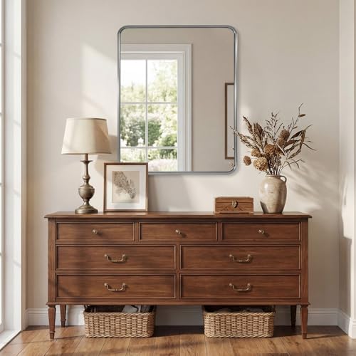 Image of ANDY STAR 24x30'' Brushed Nickel Bathroom Vanity Mirror Over Sinks, Rounded Rectangle Bathroom Wall Mirror in 1'' Seamless Tube Metal Frame,SUS304-Anti-Rust, Wall-Mounted Horizontal /Vertical