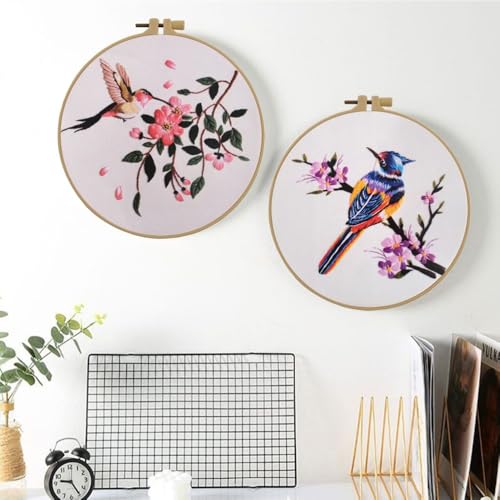 Image of Esffaci Embroidery Starter Kit for Adult Beginner with Hummingbird Flower Pattern Hand Embroidery Set with Cloth Hoop Needle Threader Floss and Instruction