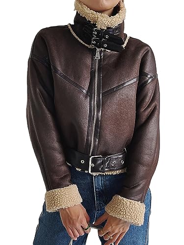 Winter Women Faux Lamb Sherpa Aviator Bomber Jacket Vintage Cropped Coat
