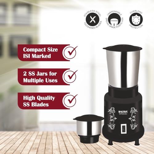 Image of Baltra Speedo Mixer Grinder for Kitchen - 2 Jars 400 Watt - Mixie with Mini Jar for Chutney | Adjustable Speed Control | 2 Stainless Steel Jar | Overload Protection | ISI Marked - 2 Years Warranty