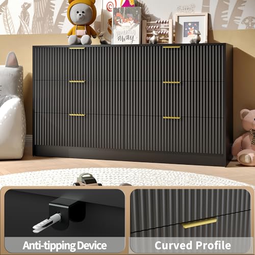 Image of Black Dresser with 6 Deep Drawers, 55 inch Wide Fluted Dresser for Bedroom with Gold Handle, Modern Chest of Drawer for Closet, Bedroom, Living Room, Black