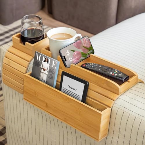Onify Bamboo Couch Arm Set – 1 Large with Side Pocket + 1 Small – Sofa Cup Holder for Remote & Phone – Non-Slip Fit for Armrests 4.5