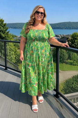 Image of RITERA Plus Size Dresses for Curvy Women Square Neck Short Sleeve Summer Floral Smocked Maxi Dress with Pocket XL-5XL