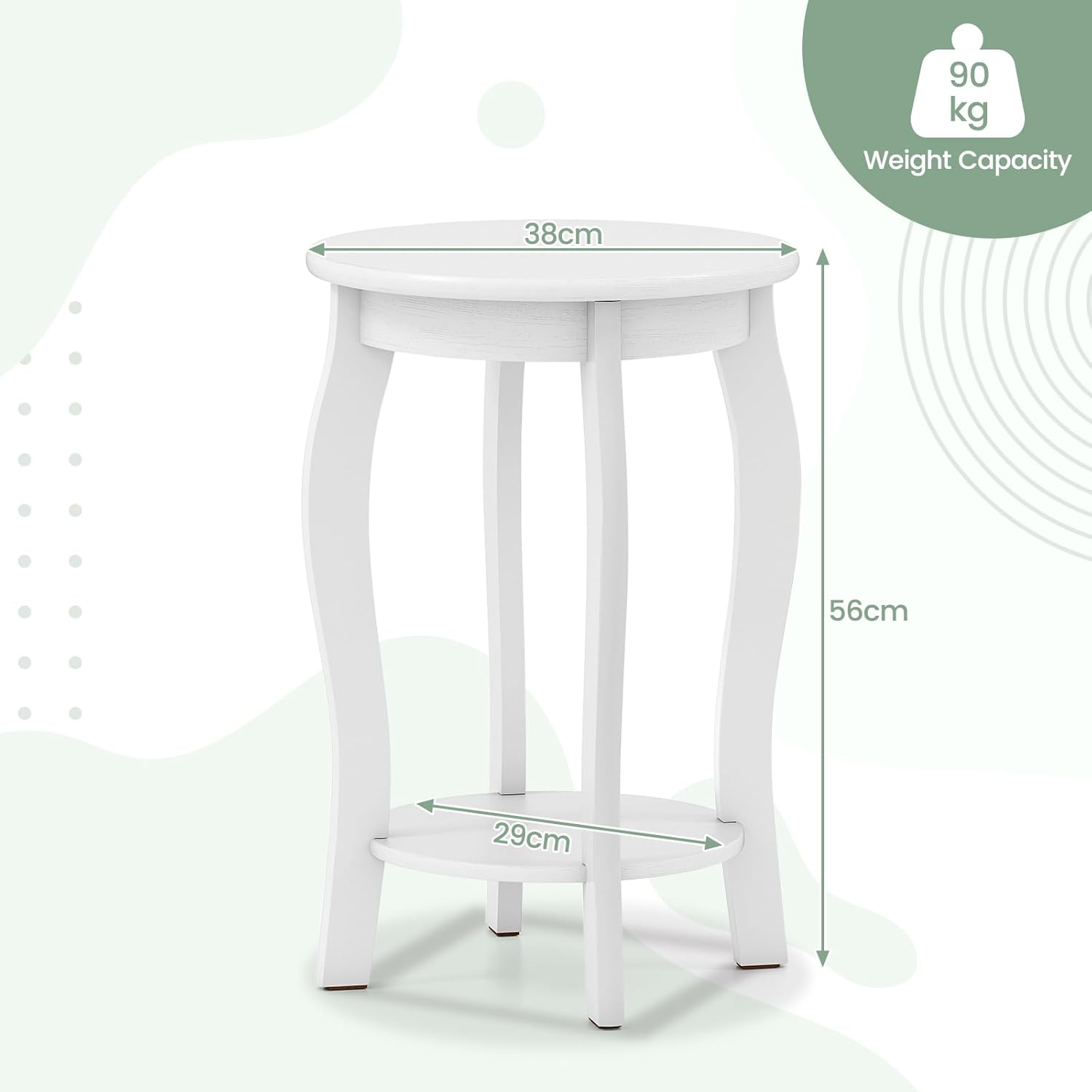 Giantex Round End Table, Wooden Side Table with Storage Shelf, Small Nightstand with Solid Wood Legs, 2-Tier Accent Table for Living Room Bedroom, White