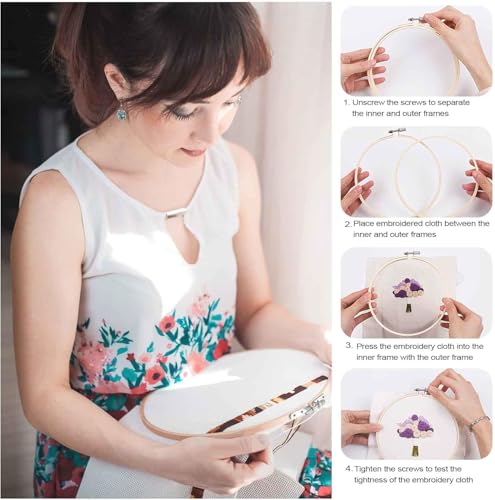 Image of maseyboc Pack of 6 Embroidery Hoops, Bamboo Circle Cross Stitch Hoop Ring, Round Adjustable Embroidery Hoop 3 inch to 10 inch, for Embroidery and Cross Stitch