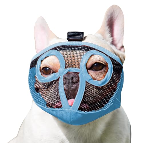 Image of Short Snout Dog Muzzles- Adjustable Breathable Mesh Bulldog Muzzle for Biting Chewing Training Grooming Dog Mask,Blue M