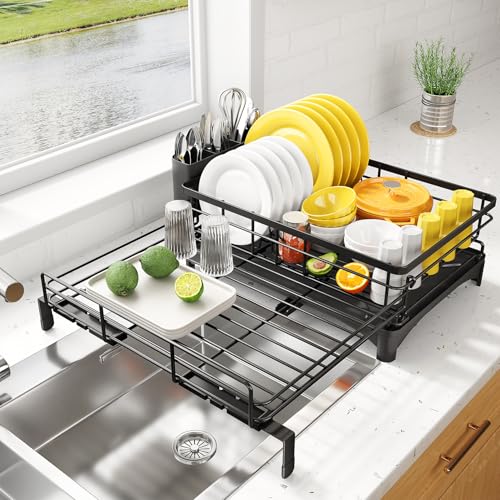 SAYZH Dish Drainer Rack, Expandable Dish Drying Rack with Cutlery Holder and Swivel Drainage Spout, Dish Rack for Kitchen Counter and Sink, Black