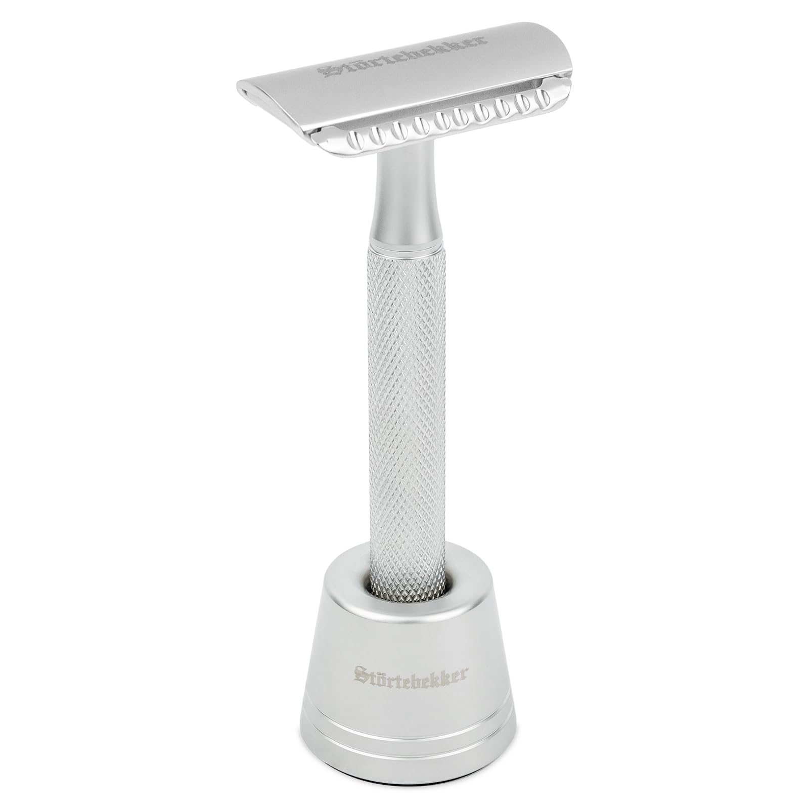 Störtebekker® Premium Rasierhobel 'Oslo' im Set mit Störtebekker Premium Rasierständer 'Oslo' in Silber - Edle matte Optik, rutschfester Griff, massiver Stand - Rasierset Herren - Geschenkidee