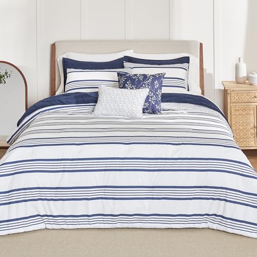 Image of Anne Klein Archer Stripe 5-Piece Cotton Blend Comforter Set - Reversible Bedding with Matching Shams & 2 Decorative Pillows, Oeko-Tex Certified - Navy, Full /Queen