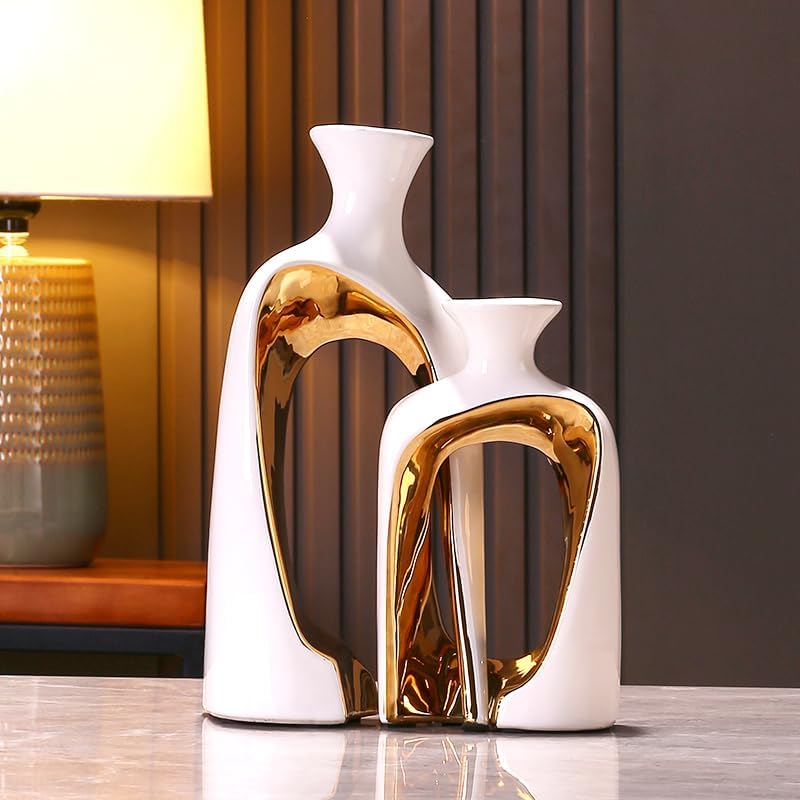 2 Pieces White Gold Ceramic vase Set Home Ceramic Decorative vase furnishings Abstract Decorative vase Office Centerpiece Decoration Suitable for Bookshelves, Fireplace