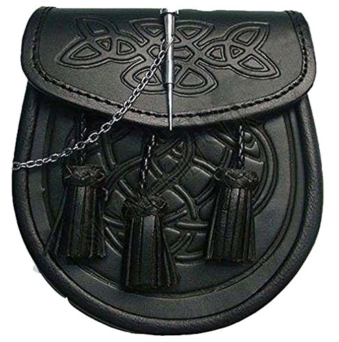 Sac en cuir pour kilt écossais avec motifs celtiques en relief Fermeture à bouton et chaîne Noir