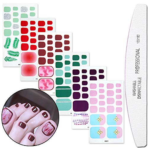 WOKOTO 6 Piece Adhesive Toenail Polish Stickers With 1Pcs Nail File Gradient Gem Glitter Full Wraps Nail Art Decals Manicure Stickers Strips Kits