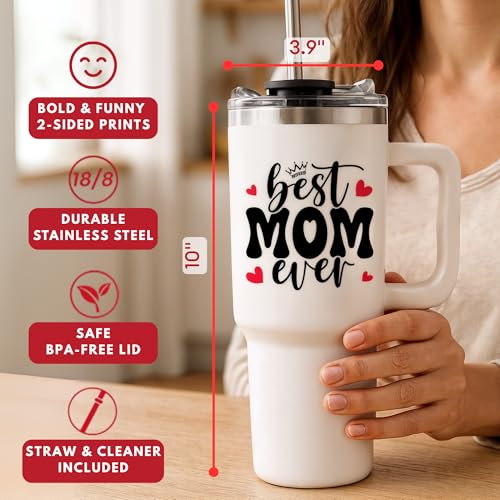Christmas Gifts For Mom - Best Mom Ever Tumbler With Handle 40oz, Mommy Coffee Mug, Mama Tumblers, Momma Gift Ideas, Funny Birthday Present For Her, Cute Mother Day Gift Tumbler, Mom Cup - Image 5