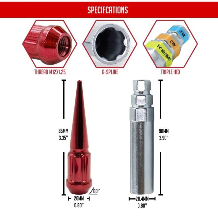 Image of Wheel Accessories Parts 20 Pcs M12 x 1.25 12 x 1.25 Thread Spike Spline 3.35 inch Long Lug Nuts Red Car Spline Hex Fits Nissan 370Z Sentra | Subaru BRZ Outback WRX | Toyota GR86