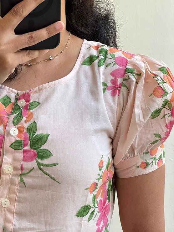 Image of MUSANIYAA Women's Rayon Floral Printed Midi Dress - Cotton A-Line Casual Dress with Short Puff Sleeves & Button Front