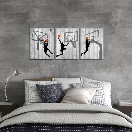 DZRWUBHS Framed Canvas Wall Art For Living Room Boy Bedroom Room Office Wall Decor Black And White Wall Pictures Prints Artwork Play Basketball Sport Wall Paintings Modern Home Decor 12x16 3 Piece