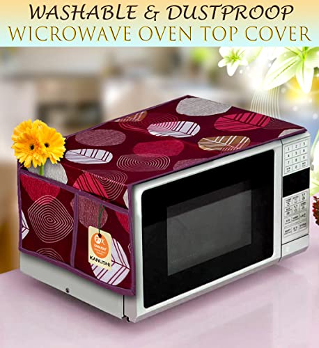 Image of KANUSHI Industries Microwave /Oven Top Cover with 4 Utility Pockets (VAR1-MICRO-MAROON-LONG-LEAVES)