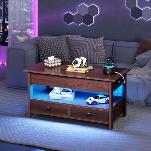 Image of WLIVE Lift Top Coffee Table with 2 Drawers Storage, LED Light, Espresso | Mid Century Modern Wooden Coffee Table, for Dining /Living Rooms /Offices; 39.4 inchW x 19.5 inchD x 19.1 inchH