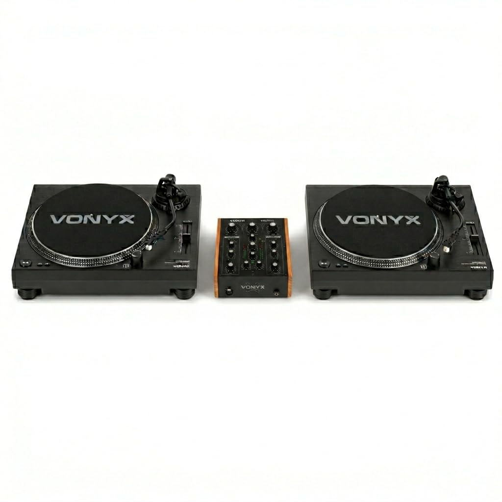 Vonyx DT6000 Vinyl DJ Set – 2x Direct-Drive Plattenspieler mit Audio Technica Nadel + VDJ250 Rotary Mixer 2-Kanal, 3,6 kg/cm Drehmoment, 33/45 RPM, für DJs und Clubs – Schwarz
