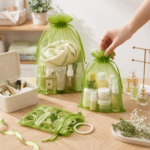 Image of FUNFERY 100Pcs Green Organza Bags 4x6 in,Small Mesh Drawstring Gift Bag