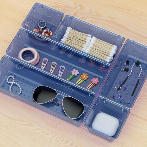 Image of WOWBOX 6 Pack Clear Drawer Organizer Set, Acrylic Drawer Storage Trays, Storage Bins for Makeup, Cosmetics, Jewelries, Utensils, Gadgets, Office, Dark Blue