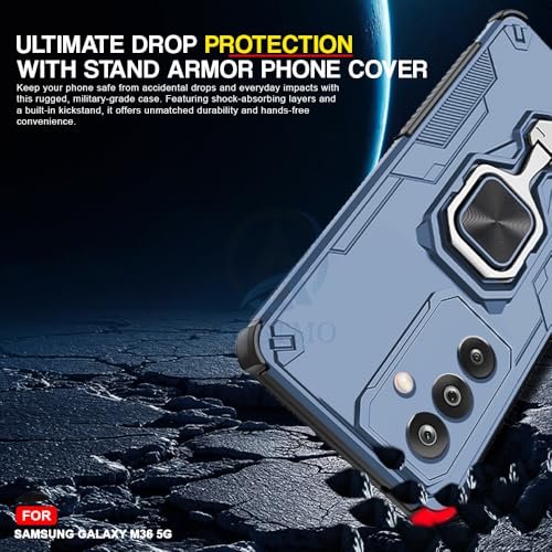 Image of AESTMO Armor Back Cover for Samsung Galaxy M36 5G / F36 5G | Ring Holder & Kickstand & Camera Protection in-Built | 360 Degree Protection Back Case Cover (Blue)