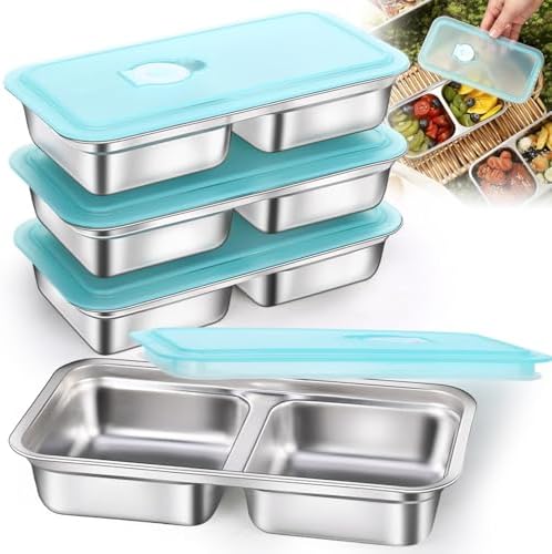 4 Pack Stainless Steel Snack Containers with Lids, 2-Compartment Reusable Food Storage Meal Prep Containers for Kids & Adults Lunch Boxes, School, Office, Travel, Camping