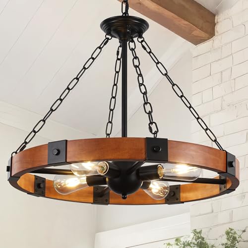 23.6 inch Wood Wagon Wheel Chandelier 4-Light Farmhouse Chandelier Rustic Round Hanging Light Fixtures for Dining Room Kitchen Island Living Room Entryway Foyer Bar E26