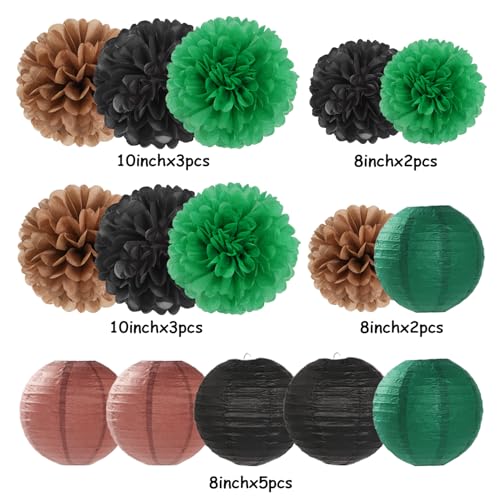 Image of Football Party-Decorations Paper-Flowers - 15pcs Green Brown Black Tissue Pom Poms Lanterns Streamers,Birthday Baby Shower Bachelorette Hanging Supplies Decor Hugfond