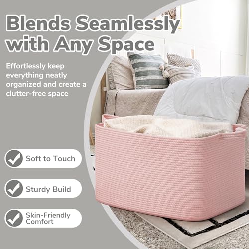 Goodpick Large Blanket Basket, Woven Baskets for Storage, Large Baskets for Organizing, Rectangle Toy Basket for Nursery, Bedroom, 21.6" x 14.9" x 11.8", Pink