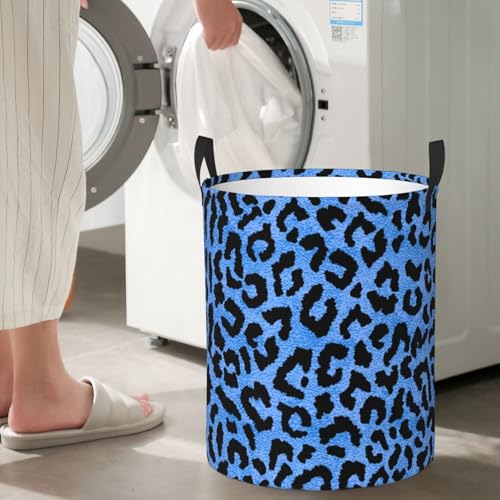 Image of Blue Leopard Round Laundry Hamper Storage Basket Toys Clothes Organizer Bin For Home Bathroom Bedroom Dorm Nursery, 62l