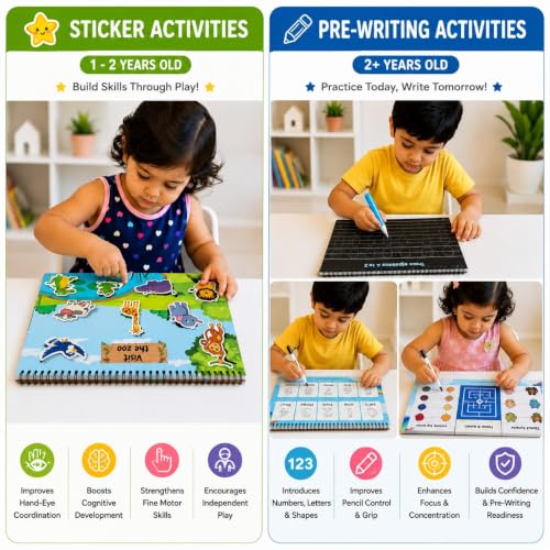 Image of FullnessKids 40+ Activities Busy Book for Toddlers 1-5 Years | Montessori Busy Binder & Preschool Learning Toy | Reusable Velcro & Wipe-Clean Pages | Fine Motor Skills, Sensory Play, School Readiness & Travel Activity Book | Gift for Boys & Girls