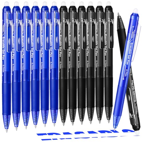 sunacme Retractable Erasable Gel Pens, 6 Black & 6 Blue Fine Point Erasable Pens Clicker, Make...