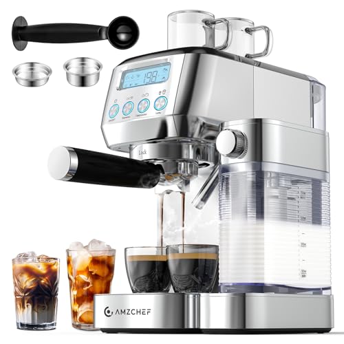AMZCHEF Espresso Machine with LCD Display, 20 Bar Cappuccino Machines with Automatic Milk Frother for Home Gifts, Latte Coffee Maker with Dual Wall & Filters, Stainless Steel Sliver