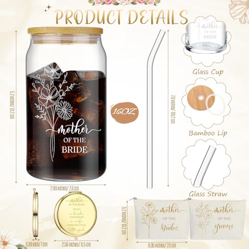 Hushee 12 Pcs Mother of the Bride and Groom Gift Set Includes Silk Robes for Women Tote Bags Make up Bags 16oz Glass with Straws Handkerchiefs Metal Mirrors for Mom Bridal Shower Wedding Gifts4